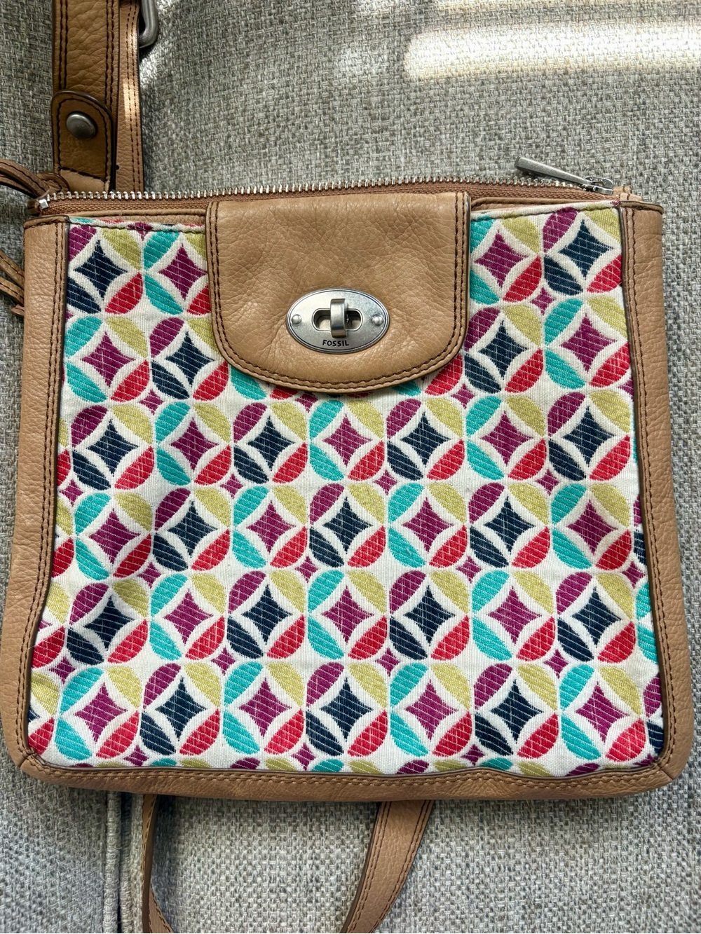 Fossil Multicolor Geometric Canvas Crossbody Bag in Tan Leather